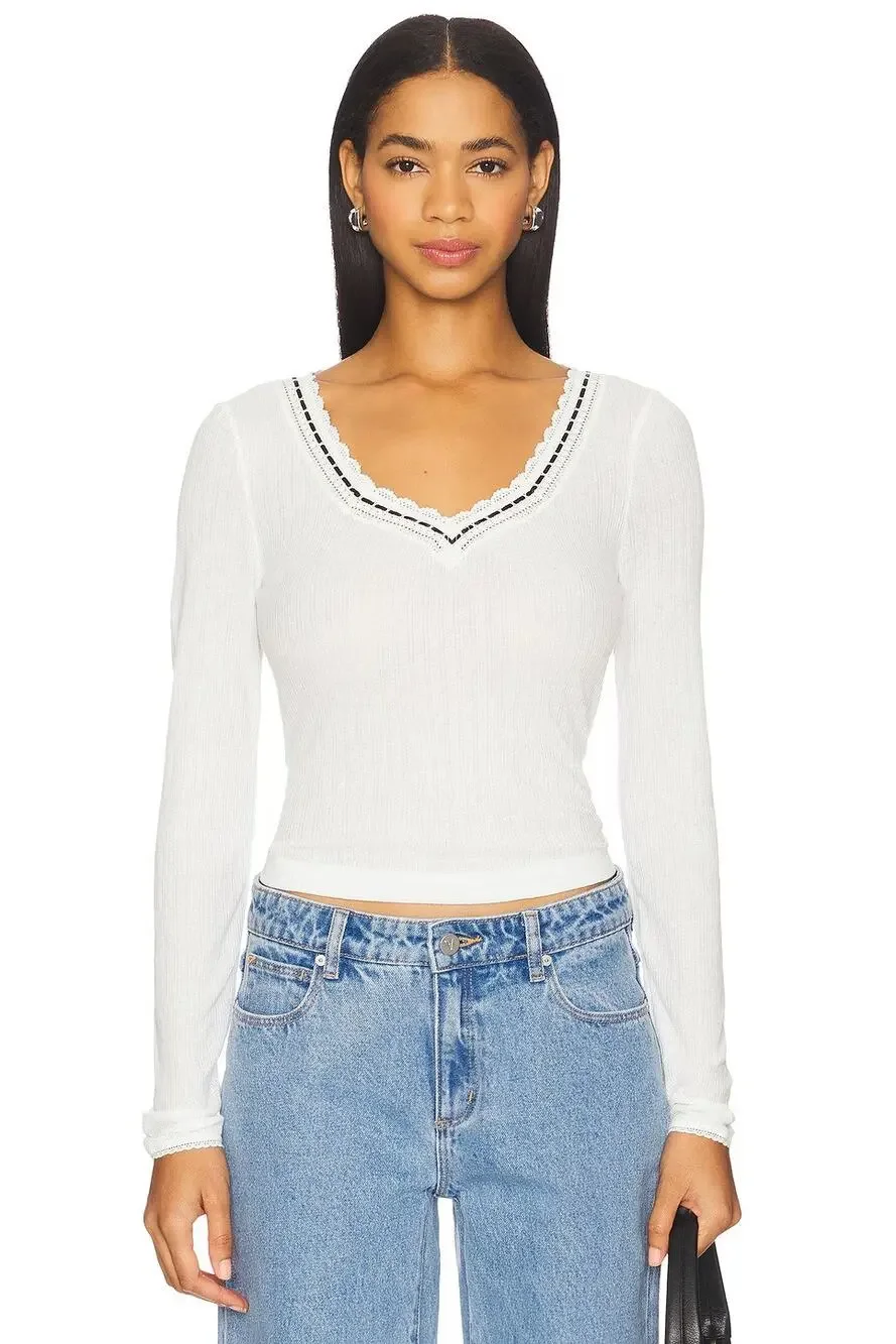 Free People Women's Medium Ivory Only You Long Sleeve Cropped Top Boho R2-14